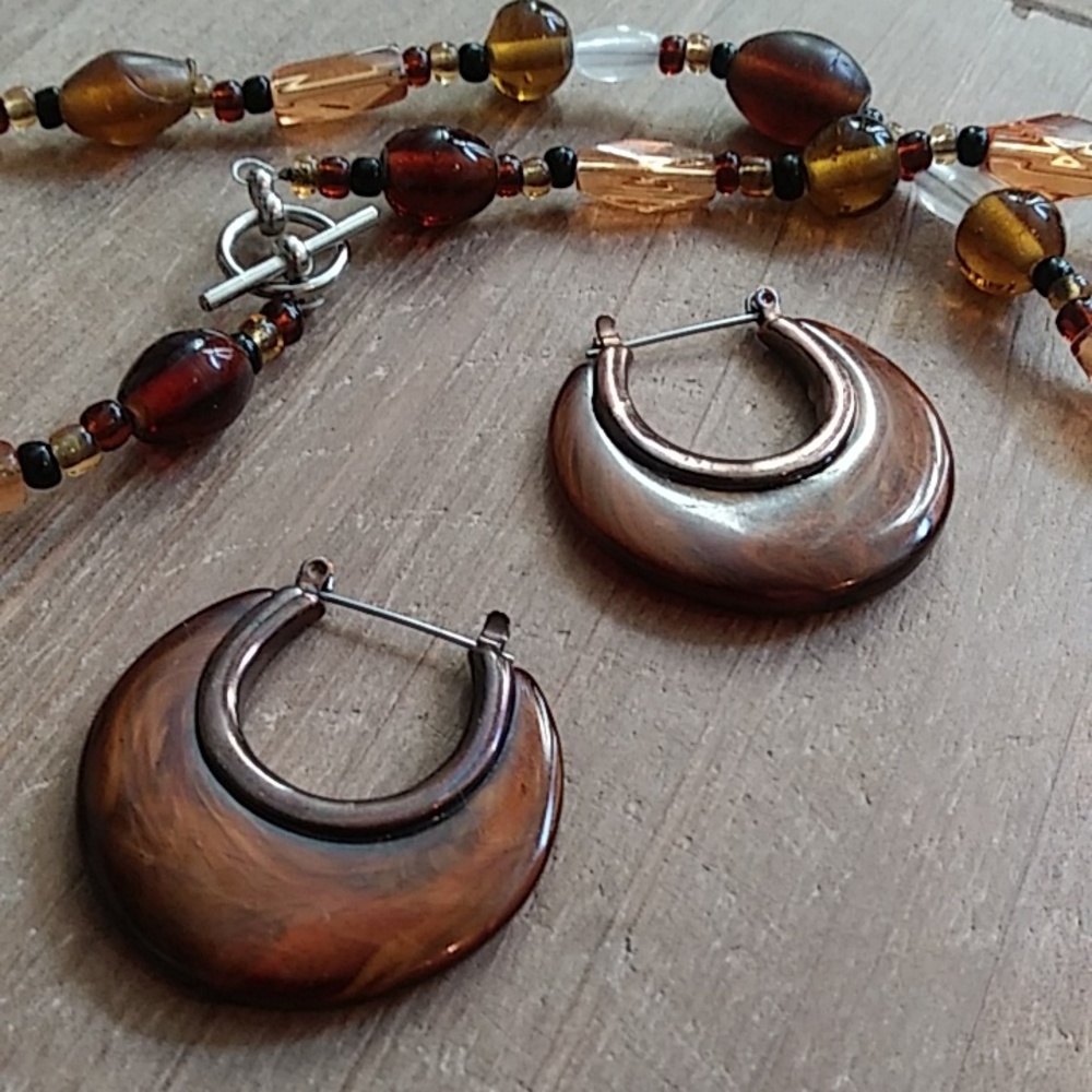 Brown Boho Stament Earrings Hoops & Brown  Beaded Necklace - Picture 4 of 17